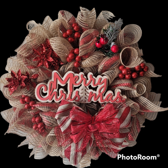 Red and Burlap Merry Christmas Wreath Door Hanger with Festive Bow - Picture 3 of 4